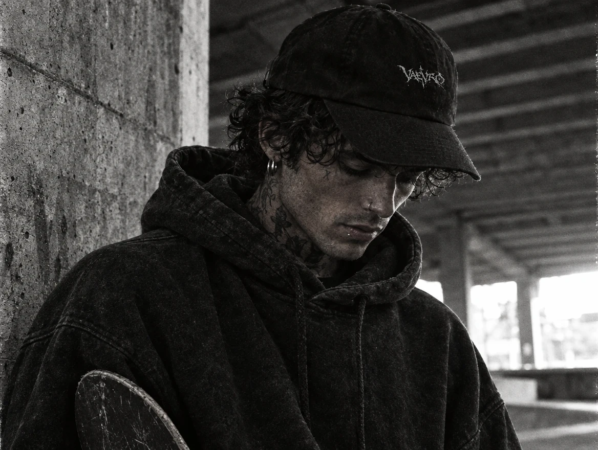 Skater in a worn cap and hoodie beneath concrete architecture