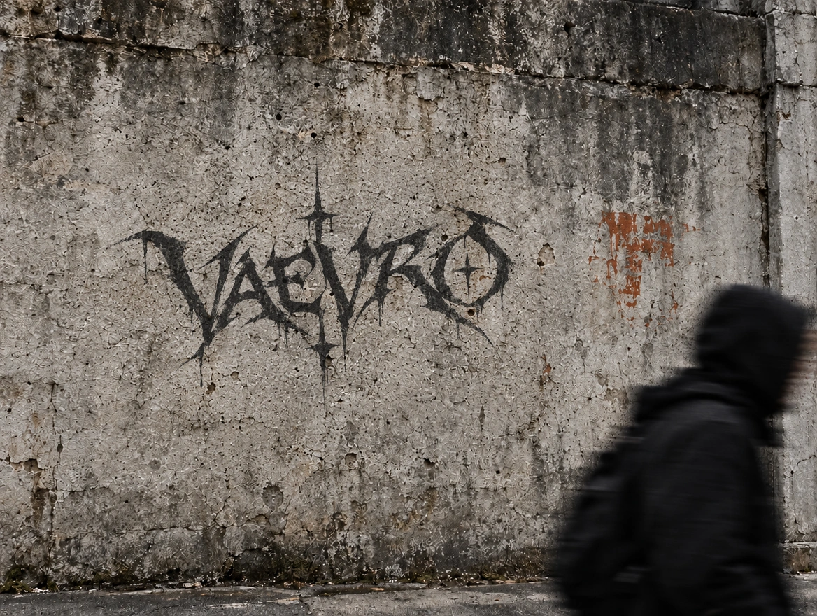 VAEVRO graffiti on weathered concrete, with a passing figure